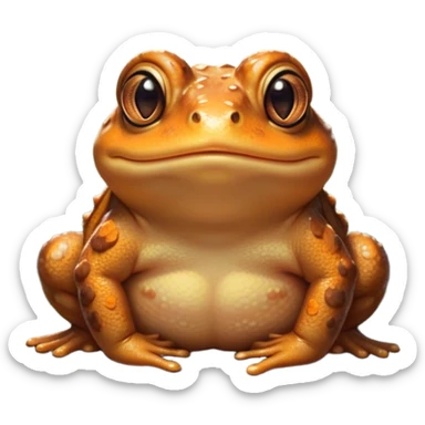 Cinematic Cute Toad Portrait Emoji, Head tilted playfully and inquisitively, featuring a charmingly plump form with bumpy, textured skin in rich earthy hues and round, sparkling eyes full of gentle mischief, Simplified yet irresistibly adorable features, highly detailed, glowing with a warm, friendly woodland glow, high shine, affectionate and lively, stylized with a touch of whimsical nature charm, soft glowing outline, capturing the essence of a mischievous yet loving toad that seems as if it could hop out of the screen into your arms! sticker
