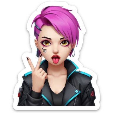 Woman with her tongue out in cyberpunk clothing and giving the middle finger. Looking naughty. sticker