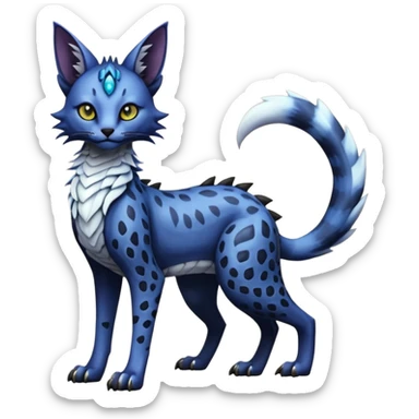 Epic complex knightly divine glorious futuristic detailed dark dusky gloomy deep gothic indigo, realistic Fakémon-Sprigatito-Floragato-Meowscarada-Trico-Sergal-Serval-Vernid-creature (full body) sticker