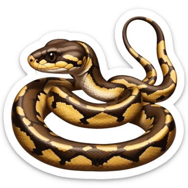 A photo-realistic digital illustration of a Ball Python, large headshot portrait. The snake has a short, rounded snout and smooth, soft contours, with a gentle, inquisitive expression that gives it a slightly playful charm. Its head is warm brown with bold, irregular dark markings. sticker