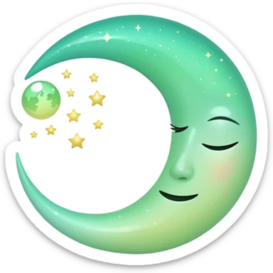 sparkly glossy pastel green-gradient crescent moon, no face sticker