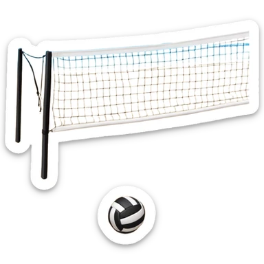 A close-up volleyball net with a ball hovering above it, set against the backdrop of a sandy volleyball court. The scene highlights the tension of an impending play, with the court lines clearly visible and a bright, sunny atmosphere surrounding the action. sticker