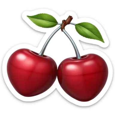 A pair of cherries emoji made of polished silver chrome, smooth rounded shapes, glossy metallic finish, soft highlights and reflections, cute proportions, iOS emoji style, centered, clean white background, no text sticker