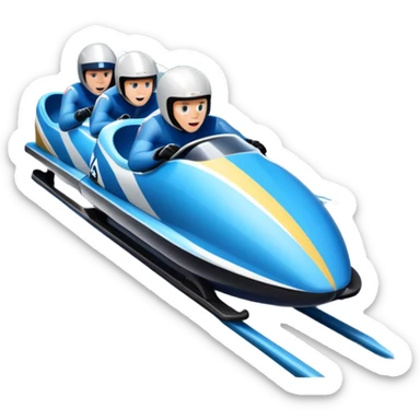 An icon featuring a sleek bobsled with athletes racing down an icy track at high speed, helmets on and bodies aligned for aerodynamics. The scene is set in a stunning snowy mountain valley with pine trees, spectators, and crisp blue sky. Transparent background captures the thrill of bobsleigh. sticker