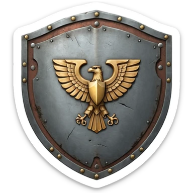 a battle worn steel shield with engraved roman numerals XXX, the roman numerals should be prominent and in the center of the shield sticker