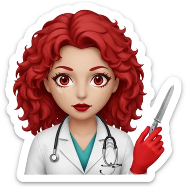 Lilith scalpel in hand, evil surgeon sexy surgeon clothes.  She has red eyes. She brown long curly hair. Wears sexy doctor outfit with red gloves. Hides mouth necknose with red bandana to hide her identity. Hair is long and brown sticker