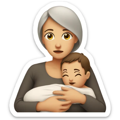 European sad mother with newborn sticker