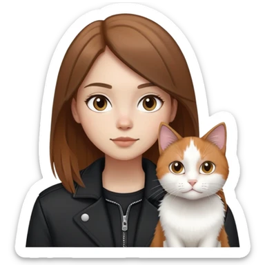 Light-skinned girl with brown straight hair wearing a black jacket, along with one pure white cat and one calico cat sticker