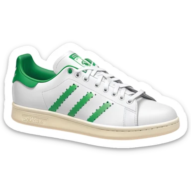Classic white Adidas Stan Smith sneakers with green heel tab and Adidas logo, three perforated stripes on sides sticker