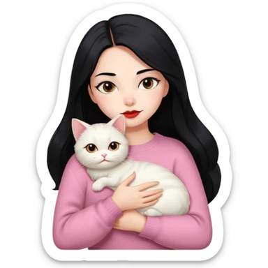 Beautiful Girl Long Hair black, Brows Big , Skin White, Sweater Pale Pink , Big Red Lips, Eyes coffe, Hug Little baby Persa Cream Cat With Cute Eyes sticker