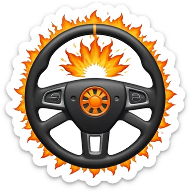 a car steering wheel with an explosion in the center sticker