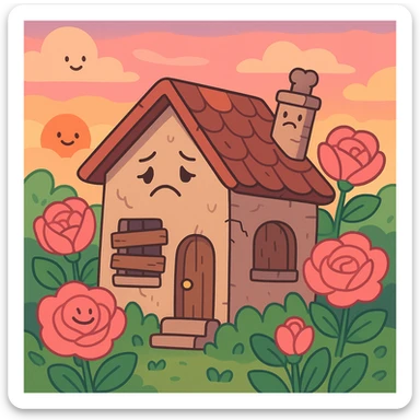 shabby house surrounded by pink roses, sunset sky, pastel tones, cozy and inviting sticker