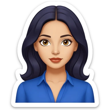 Lynette Torres, Puerto Rican actress with olive-tan complexion, beautiful facial features, bright expressive eyes, defined cheekbones, full lips with warm smile, long flowing dark hair, wearing a stylish blue blouse sticker