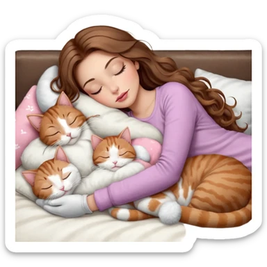 girl with long wavy brown hair, brown eyes, long lashes makeup, sexy pink lips, light to medium complexion,  sleeping on a cozy pillow, with 6 cats: 1 brown and white tabby cat, 1 ginger and white, 2 grey and white, 1 grey with white mittens and small white patch on chest and 1 calico, sleeping sticker