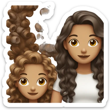 2 girls, one is black with brown long curly type 3c hair, and the other is white with long wavy brown hair sticker