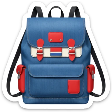 Minimalist emoji-style icon of a stylish blue denim backpack with a flap top, two vertical black buckle straps, a large red-white-navy horizontal block in the center, and two zipper side pockets. Inspired by Tommy Jeans design. Front view, cartoon-like, clean design.

 sticker