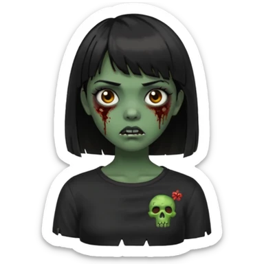 Zombie girl emoji verde escuro com cabelo curto liso preto no ombro e franja na altura da sobrancelha com uma blusa preta sticker
