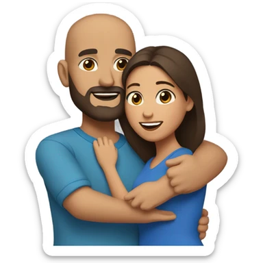 Comforting hug from brunette Puerto Rican with dark brown eyes wearing a cute blue top to short, bald man with brown eyes and a beard wearing a brown sweater sticker