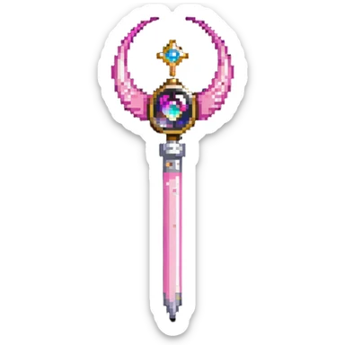 Sailor Moon's Crescent Moon Stick, a pink wand with a gold crescent moon on top and a circular silver gem in the center sticker