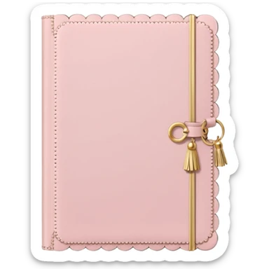 a soft pink journal with scalloped edges, tiny gold dot details, and a small tassel charm, cozy and elegant stationery vibe sticker