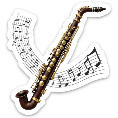 Create a detailed and unique emoji representing a clarinet with a saxophone-style mouthpiece. The design should feature the sleek, dark wood finish of the clarinet, with its shiny metal keys clearly visible, but at the top, include the large, curved mouthpiece typical of a saxophone. The mouthpiece should have a reed, similar to the one used in a saxophone, with subtle details to indicate its function. Use dark wood tones for the body of the instrument and silver or brass accents for the keys. Add small musical notes or soundwaves around the instrument to evoke its smooth, melodic sound. The background should be transparent sticker