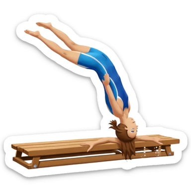 A swimmer is about to dive into the pool. She is in the pose of diving in the air with the hands above the head. Her hair are brown and long. she jumps from a plank sticker