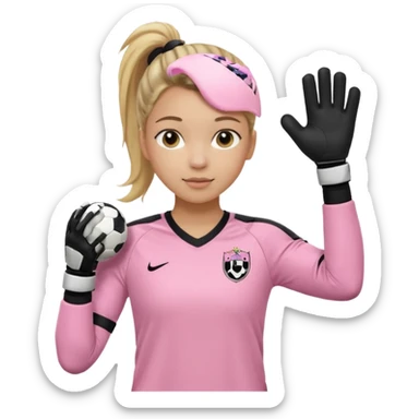 Make a dirty blonde football goalkeeper with goalkeeper gloves on. The girl is light skinned and wearing a light pink football kit. Wearing one ponytail on back of head. Make it without the whole body. With full sleeves. No RUGBY BALL JUST BLACK AND WHITE BALL. Holding ball under armpit sticker