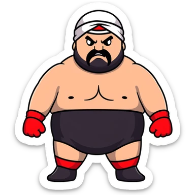 Close-up of extremely fat white skin guy with young face, prominent BLACK DURAG tied clearly on head, distinct black beard and mustache, no muscle, black eyes in a red and black wrestling singlet with angry face sticker
