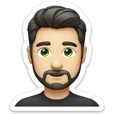 Handsome man with dark hair, gradient short hair on the side, green eyes. Talking and thin face. Black t-shirt. A little beard. sticker