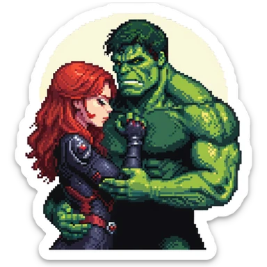 Hulk and Black Widow lullaby scene, Black Widow with red hair calming down the green Hulk, sun's getting real low gesture, Hulk transforming back sticker