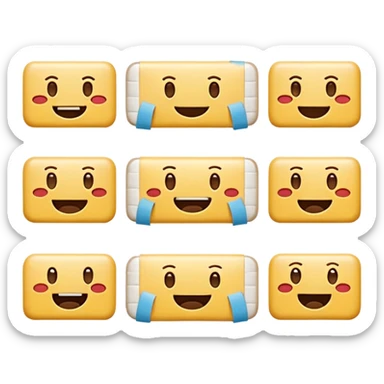 16 different variations of a band aid as and emoji with smiling with teeth, smiling without teeth, crying laughing or sad, mad, sad, tired, censored, funny, glasses, love, serious, with a hat, sticking out tounge, sleeping, injured, and angel Formatted in rows of 4x4 and with a white background sticker