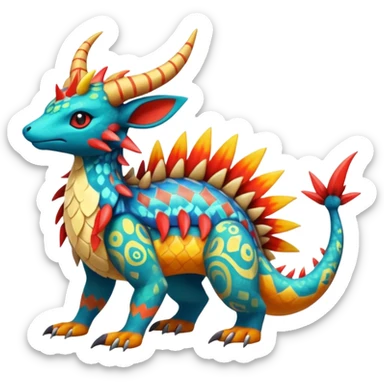 Colorful Exotic tropical Pokémon-Fakémon-hybrid-creature (full body) with tribal intricate splash-markings and patterns and furs and scales and spikes and fins and horns  sticker