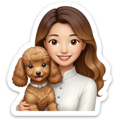 an asian lady with long balayage hair with highlights, long lashes, wearing white outfit, smiling happily, and holding a brown poodle sticker