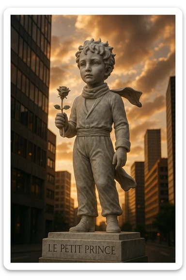 Ultra-realistic marble statue of the Little Prince with a rose in his hand, standing in a modern city. Pedestal engraved with [TEXT]. Sunset, dramatic low-angle view. sticker