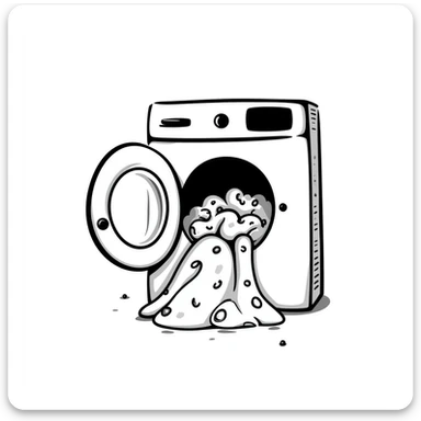 playful hand-drawn doodle of a washing machine with colorful bubbles and clothes peeking out sticker