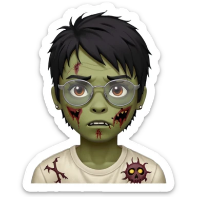 Boy, zombie, black hair, medium long, emo, shaggy, dark, spooky, creepy expression emoji, add dolce gabanna glasses, a risk on the eyebrow, some tattos  sticker