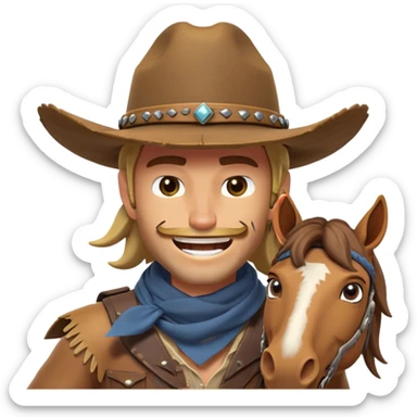 clash-of-clans-aesthetic_-cinematic-playful-cowboy-portrait-emoji, head-tilted with a roguish, cheeky grin and twinkling eyes, featuring a rugged, spirited build with a wide-brimmed cowboy hat and a weathered bandana on tan skin, riding a powerful galloping horse with dynamic flowing mane, reins gripped firmly in one hand and a lasso in the other, as dust swirls behind them in a vast desert landscape. sticker