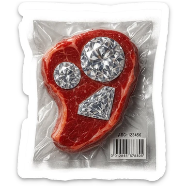 meat steak with sparkling diamond facets, glossy and puffy, vacuum-sealed style sticker