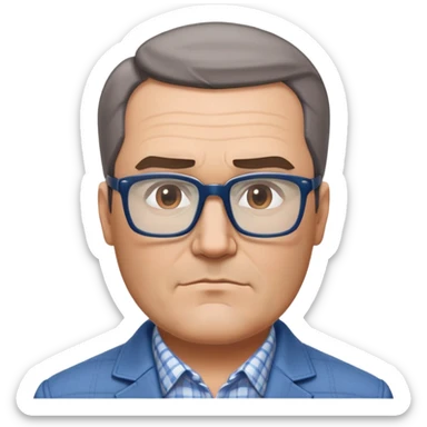50-year-old heavyset man with very wide face and prominent square jawline. Short straight hair combed to the side, not balding. Large dark square glasses. Serious-relaxed expression. Light gray jacket that fits his larger frame, white shirt with blue checkered pattern. sticker