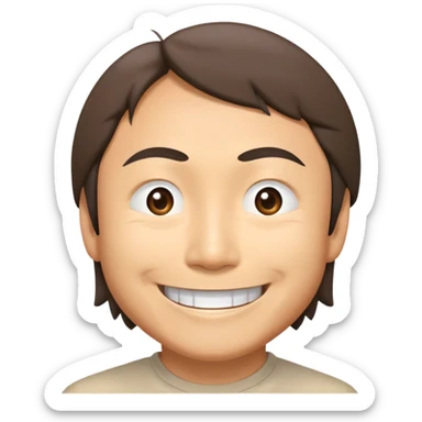 ​Cinematic Realistic Portrait of a Smiling Shigeru Miyamoto, depicted with warm, approachable features, showing a giant smile with expressive eyes, set against a subtle backdrop, inviting lighting that captures his innovative spirit sticker
