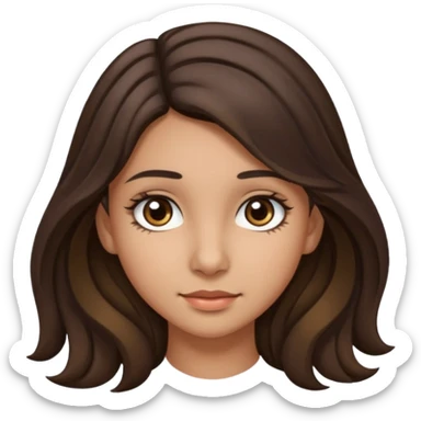 Create a emoji of a girl teen (14 years old) with dark brown hair and a little bit lighter brown in the end of the hair (but mixed) and waves in the hair, long hair, with MEDIUM FAIR TO OLIVE skin tone, dark brown eyes, perfect nose, long eyelashes sticker