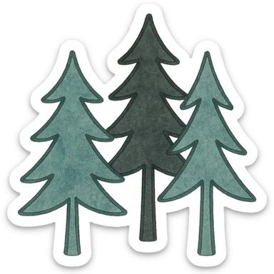 simple evergreen trees in folk art style, dark neutral forest color tones, watercolor texture with bold outlines, suitable for favicon sticker