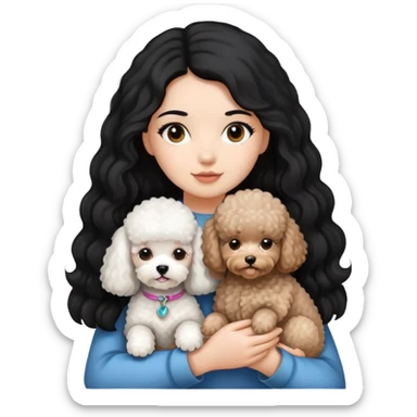 A girl with long black hair holding a Bichon and a small brown poodle sticker