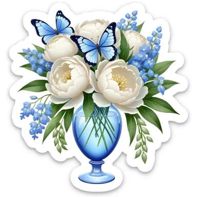 A crystal vase filled with a lush bouquet of white peonies and pale blue delphiniums sits atop a lace-covered table. A sheer ivory ribbon cascades down the side, intertwining with pearl beads, while a delicate blue butterfly flutters just above the petals sticker