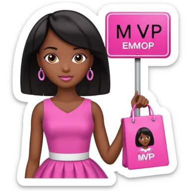 Dark skin Black barbie, short  black bob  hair, pink dress with a sign that says mvp sticker