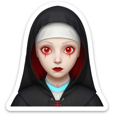 cursed village nun portrait, head and shoulders only, dark hood, mysterious expression, red accents, eerie glow, 3D cartoon, mobile game icon style, clean background, no text, no watermark

 sticker