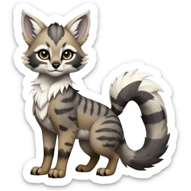 Cute kawaii cool edgy badass  ashen grey fur with smoky charcoal ombré fade fantasy-caracal-civet-genet-sergal-vernid-Gryphon-Cacomistle-Trico-oncilla-animal-Fakémon-hybrid-fursona (full body), facial markings, (realism style) sticker