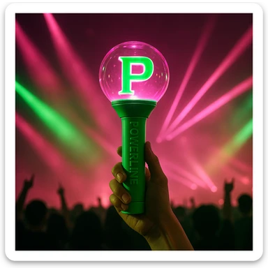 green and pink K-Pop lightstick with 'POWERLINE' on the handle, dramatic concert lighting, crowd silhouettes sticker