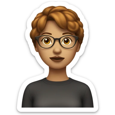 a womam with short gingerish dark hair with bangs and brown glasses thinking about tha great future she have sticker