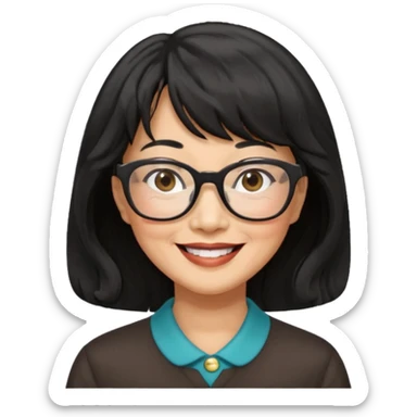 asian woman, 60 yr old, black wavy hair with bangs, big glasses  sticker
